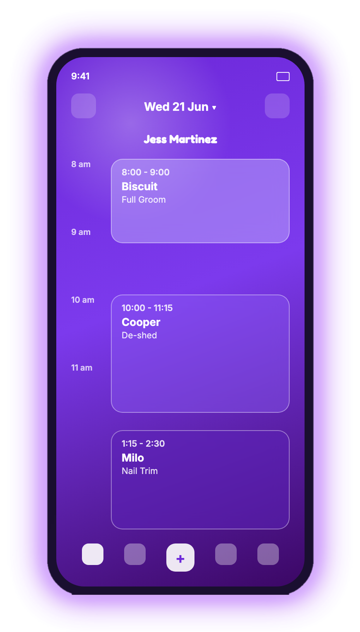 GroomZy calendar — mobile day view