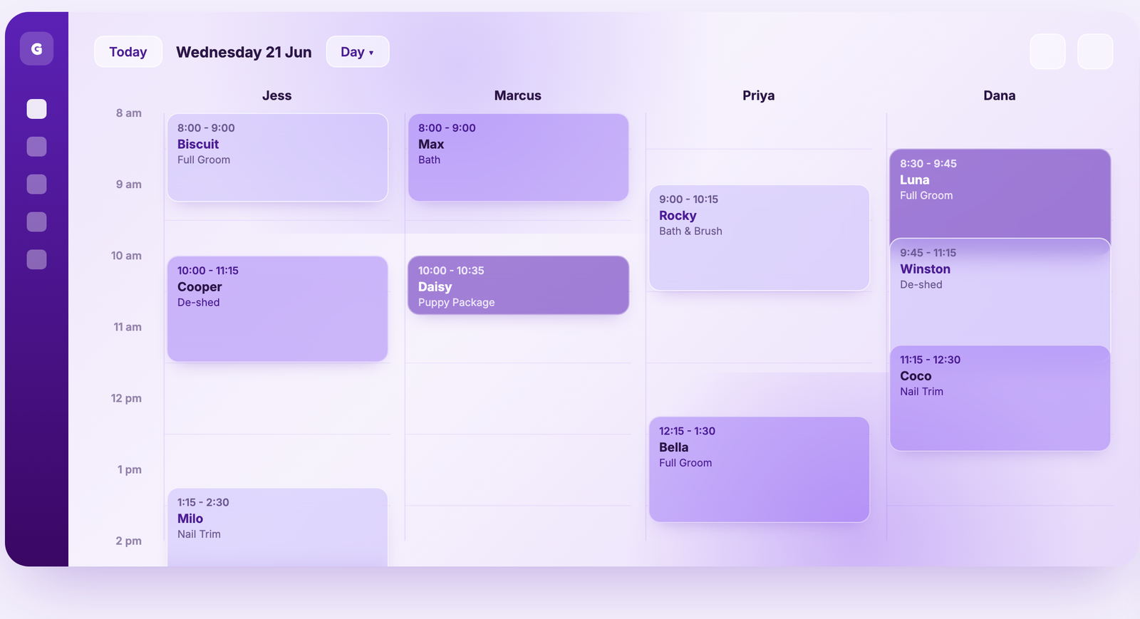 GroomZy calendar — web day view showing appointments across groomers